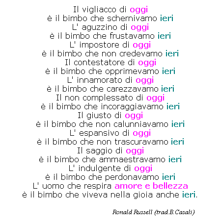 Casella di testo: Il vigliacco di oggi
 il bimbo che schernivamo ieri
L' aguzzino di oggi
 il bimbo che frustavamo ieri
L' impostore di oggi
 il bimbo che non credevamo ieri
Il contestatore di oggi
 il bimbo che opprimevamo ieri
L' innamorato di oggi
 il bimbo che carezzavamo ieri
Il non complessato di oggi
 il bimbo che incoraggiavamo ieri
Il giusto di oggi
 il bimbo che non calunniavamo ieri
L' espansivo di oggi
 il bimbo che non trascuravamo ieri
Il saggio di oggi
 il bimbo che ammaestravamo ieri
L' indulgente di oggi
 il bimbo che perdonavamo ieri
L' uomo che respira amore e bellezza
 il bimbo che viveva nella gioia anche ieri.
 
                                                           Ronald Russell (trad.B.Casali)
